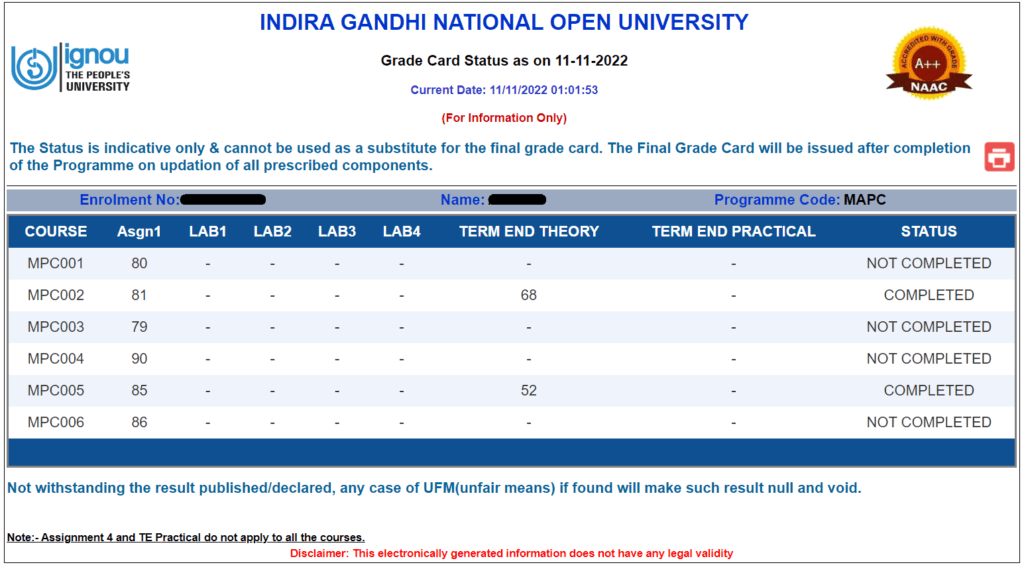 ignou grade card status