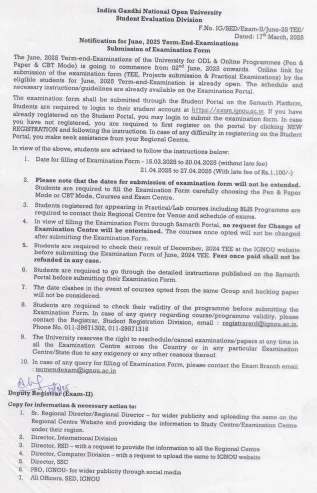 Ignou official notification for june 2025 exam